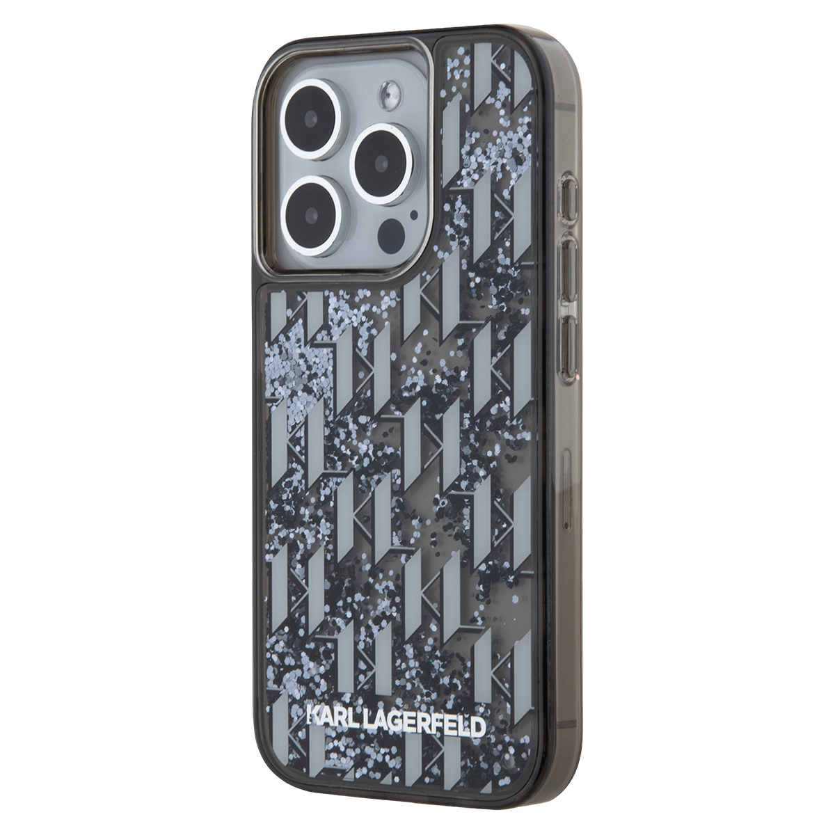 Eine schwarze iPhone-Hülle mit glitzerndem Muster und Karl Lagerfeld Logo.
