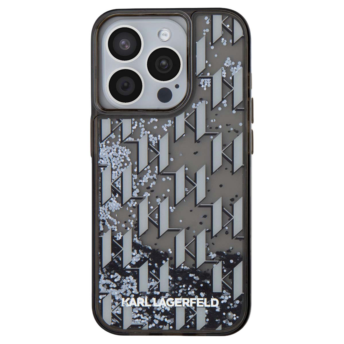 Schwarze Karl Lagerfeld iPhone-Hülle mit glitzerndem Muster und Dreifachkamera.