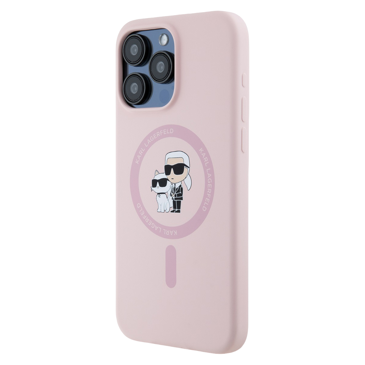 Una custodia rosa per iPhone con Karl Lagerfeld e un gatto.