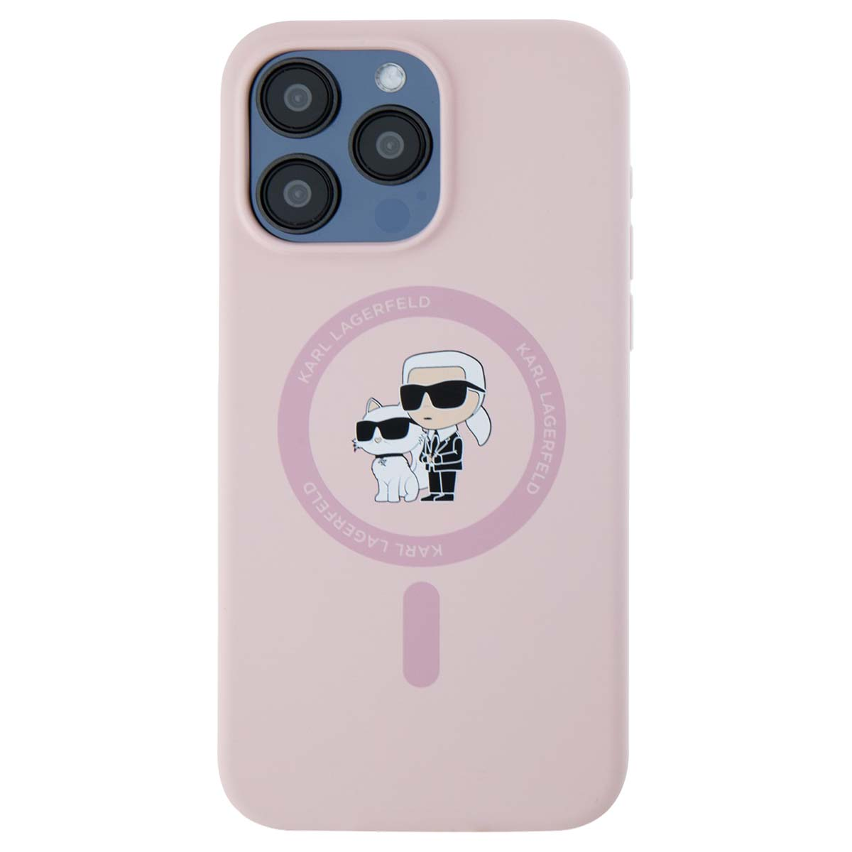 Una cover per telefono rosa con design di Karl Lagerfeld e gatto.