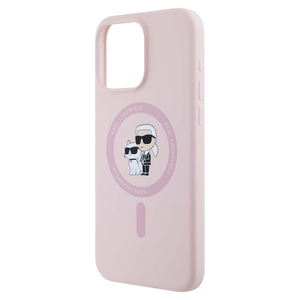 Una custodia rosa chiaro per telefono con una grafica di Karl Lagerfeld e un gatto.