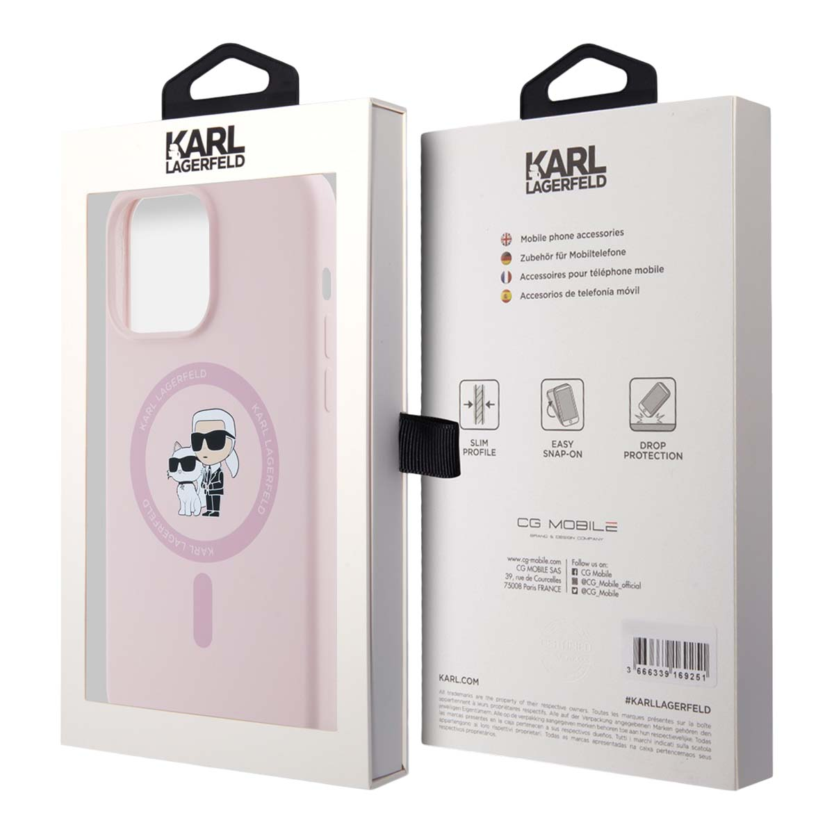 Una custodia rosa Karl Lagerfeld con un gatto bianco e lo stilista.