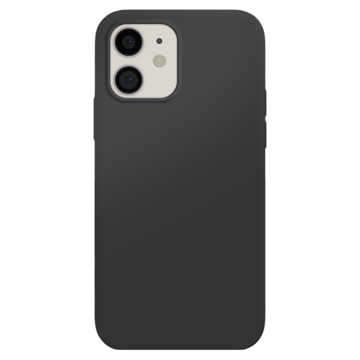 Custodia nera per iPhone 12 con ritaglio doppia fotocamera. Design pulito e minimalista.