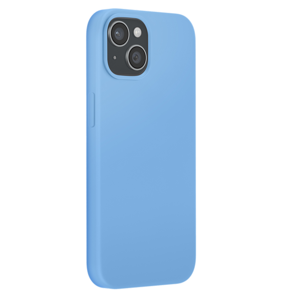 Una custodia blu per iPhone con ritaglio per doppia fotocamera è mostrata su sfondo bianco.