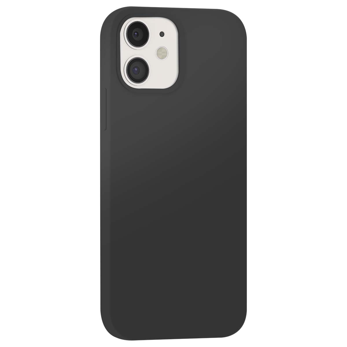 Una custodia nera per iPhone con ritaglio per doppia fotocamera su sfondo bianco.