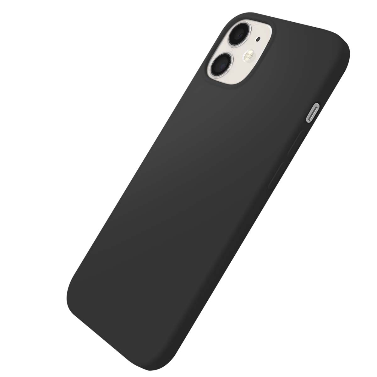 Une coque de téléphone noire avec découpe double caméra est présentée sur fond blanc.