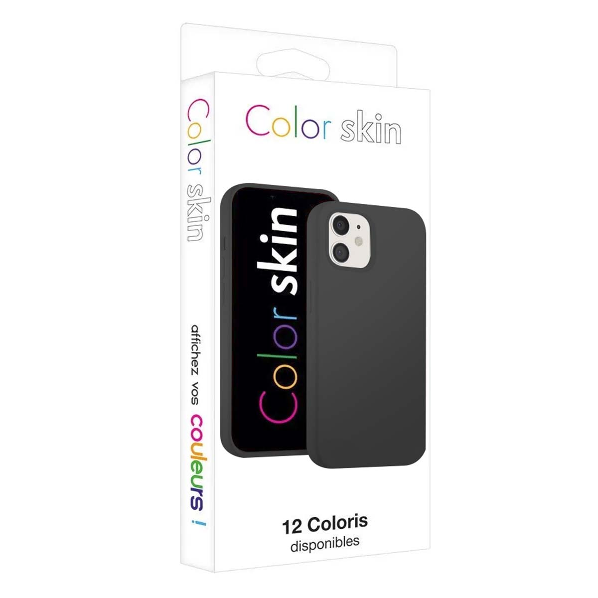 Emballage d'une coque de téléphone noire, avec la marque 'Color skin'.