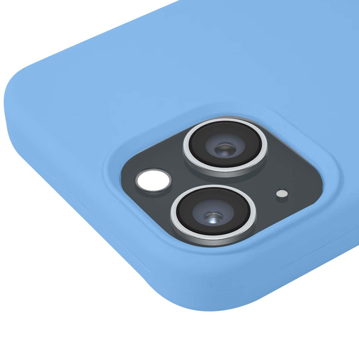 Una cover blu chiaro per telefono con doppia fotocamera e flash.