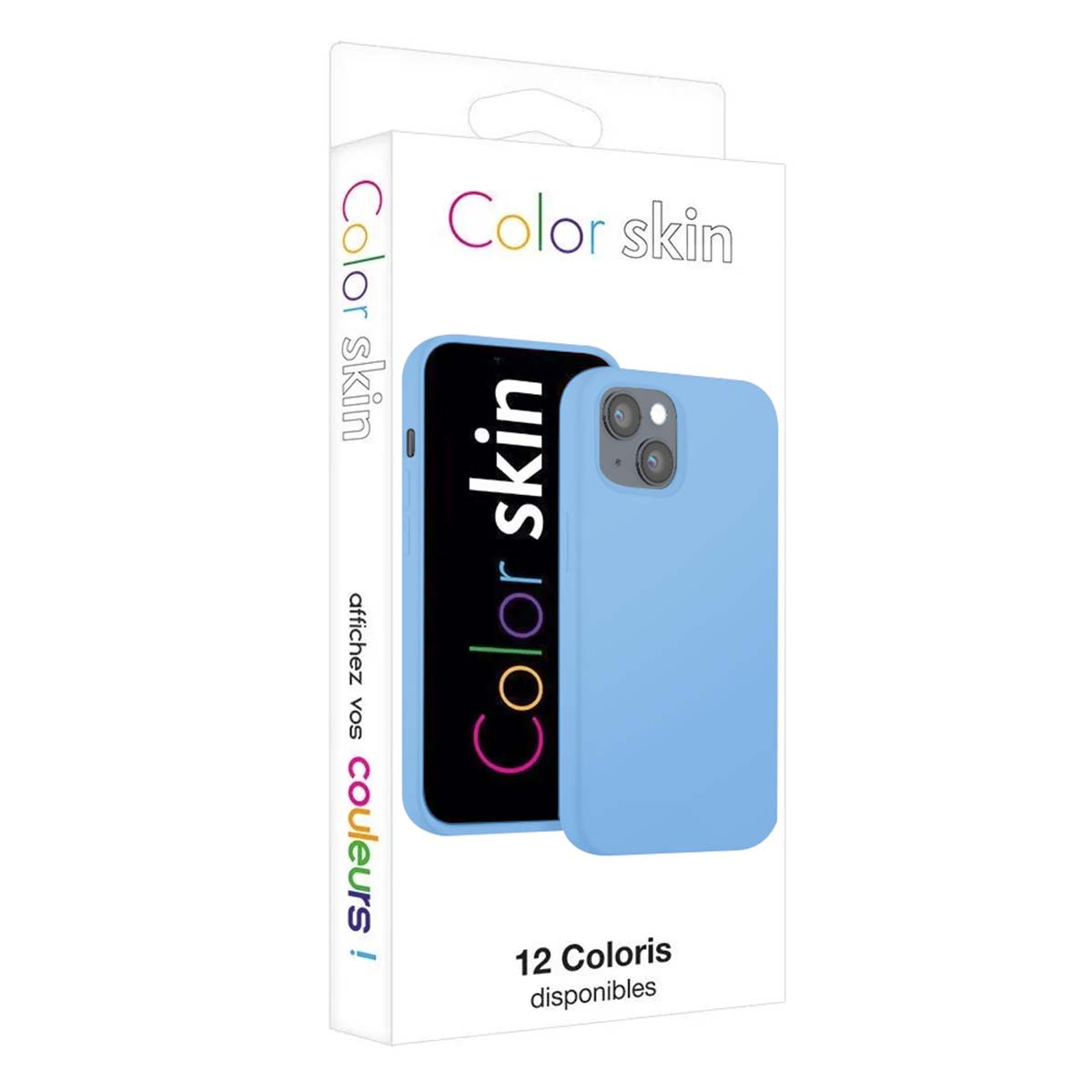 Scatola con cover blu e smartphone che mostra 'Color skin'.