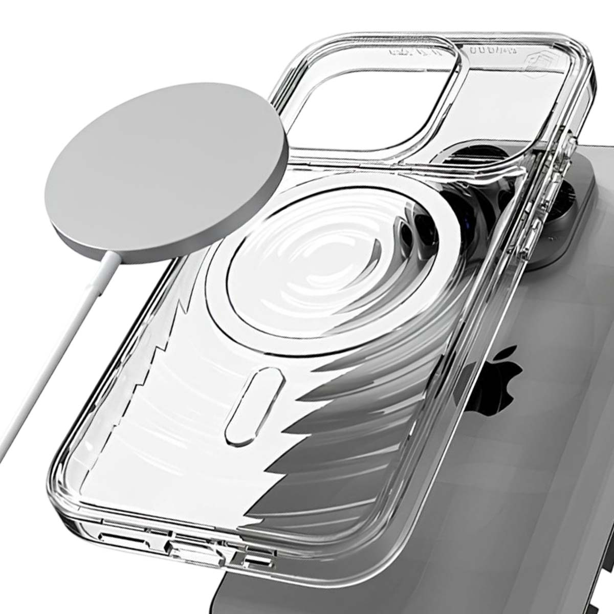 Custodia trasparente per telefono con caricabatterie MagSafe su iPhone.