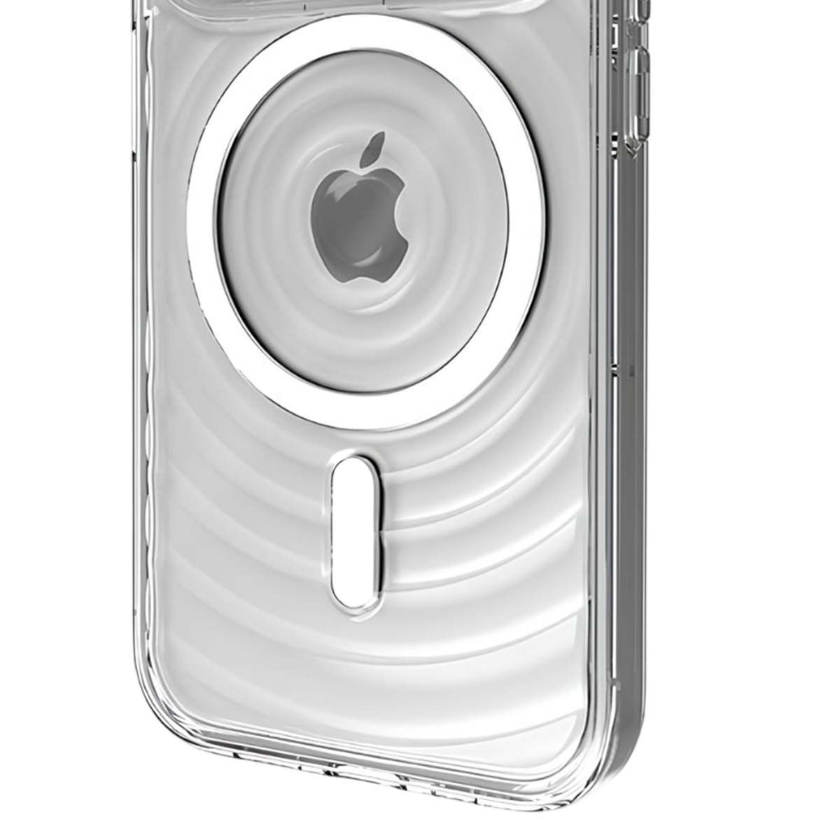 Custodia trasparente per telefono con anello magnetico bianco e logo Apple.