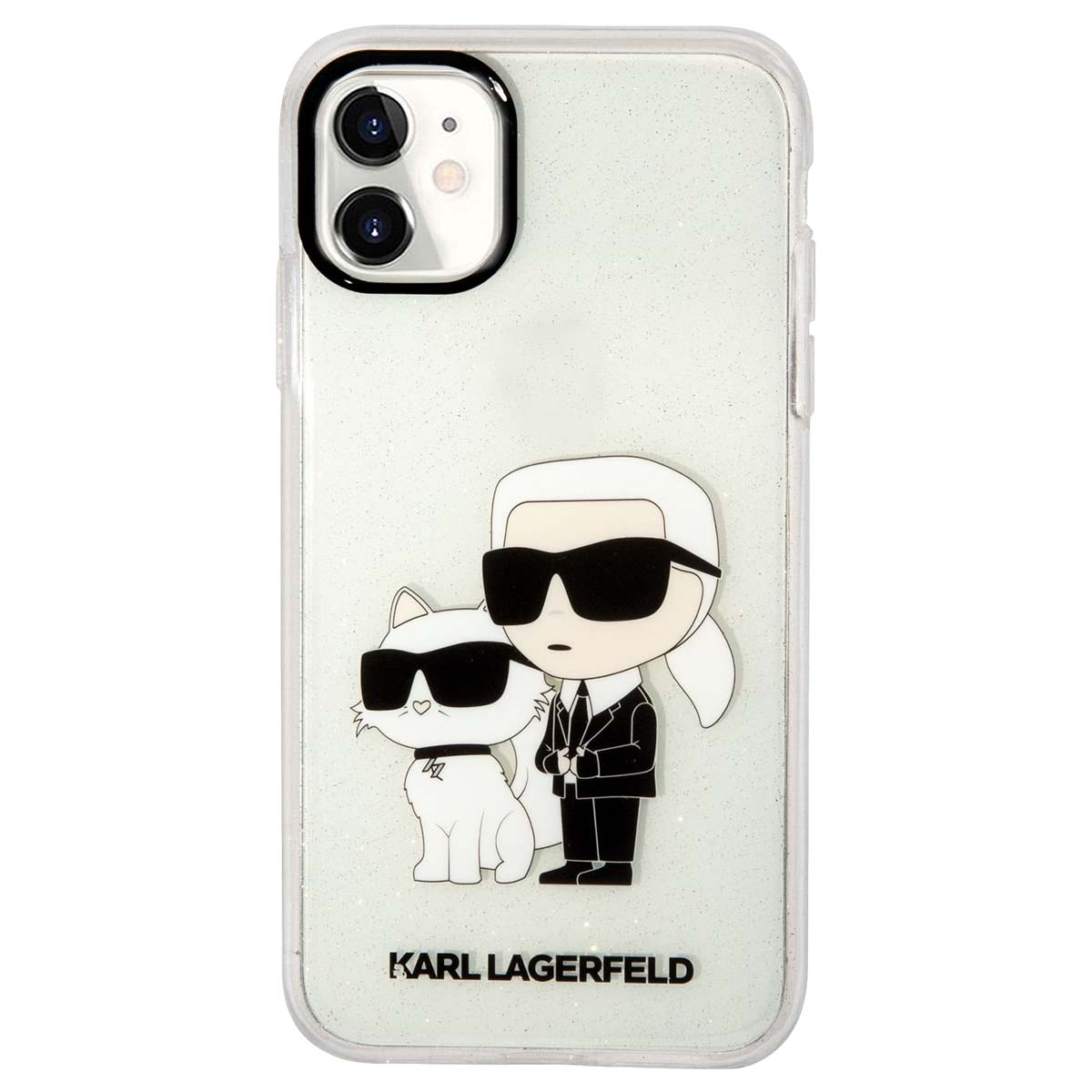 Funda de teléfono transparente con caricatura de Karl Lagerfeld y gato, con purpurina y texto.