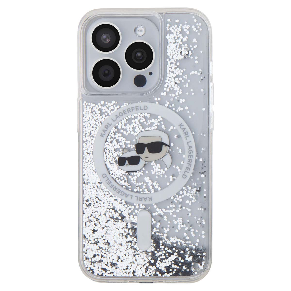 Transparente Hülle mit Glitzer, Karl Lagerfeld-Logo und Katzenmotiv.