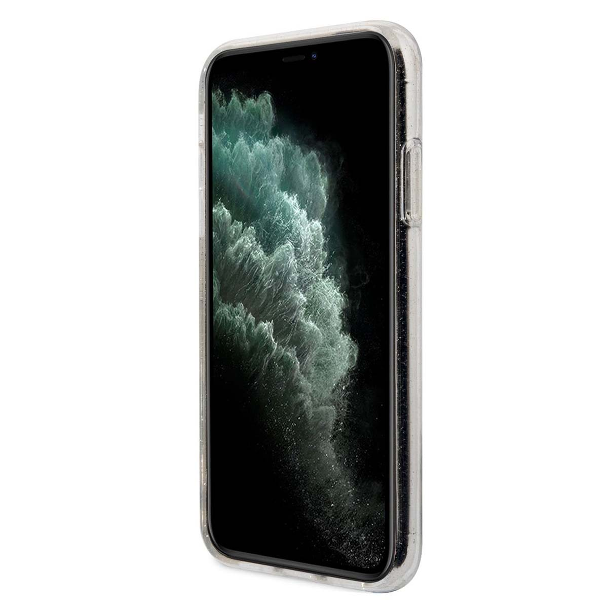 Un teléfono inteligente con un fondo de pantalla oscuro con nubes verdes y blancas.