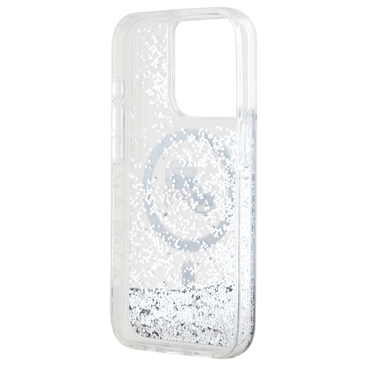 Transparente Handyhülle mit silbernem Glitzer und Logo.