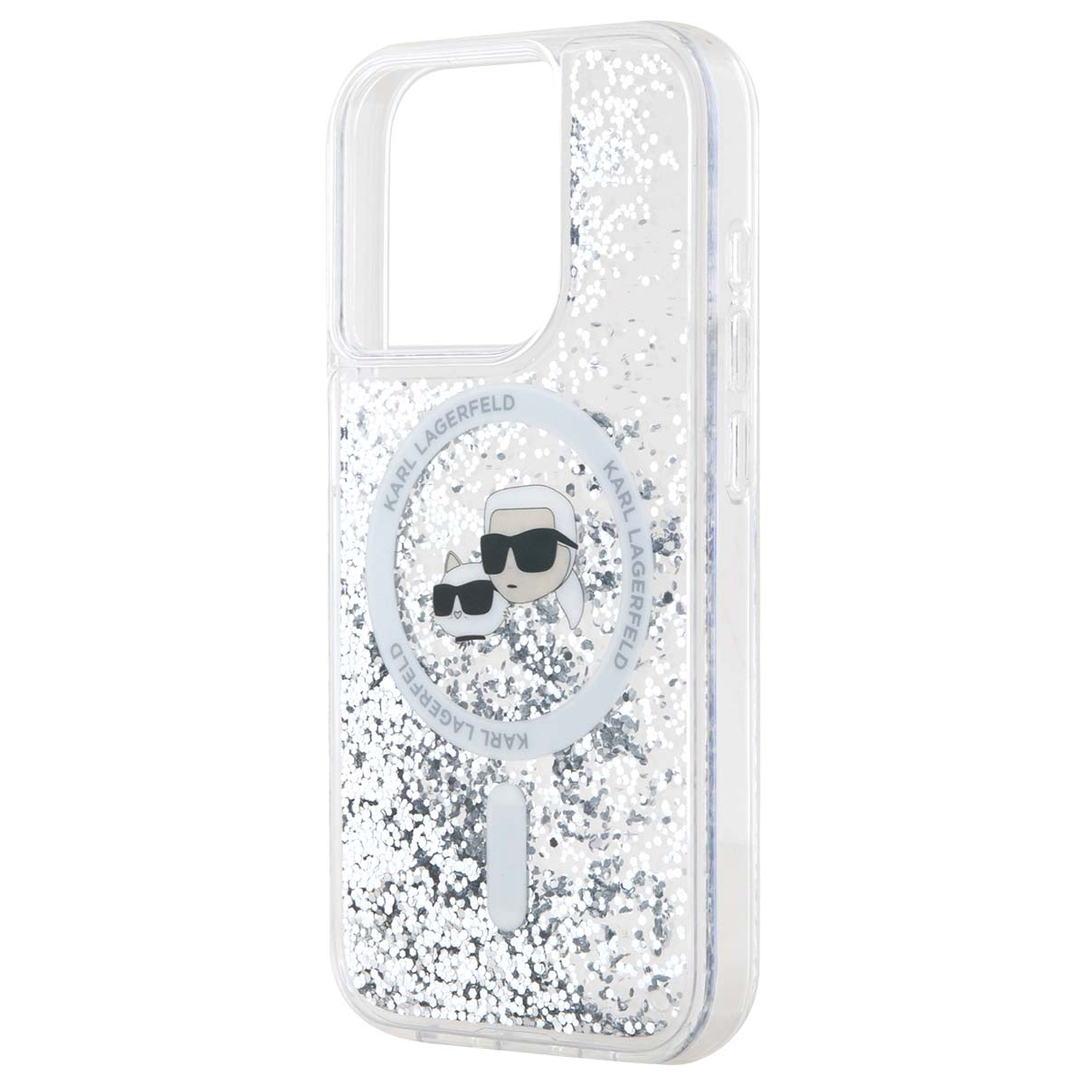 Klare Handyhülle mit silbernem Glitzer und Karl Lagerfeld Cartoon-Figuren.