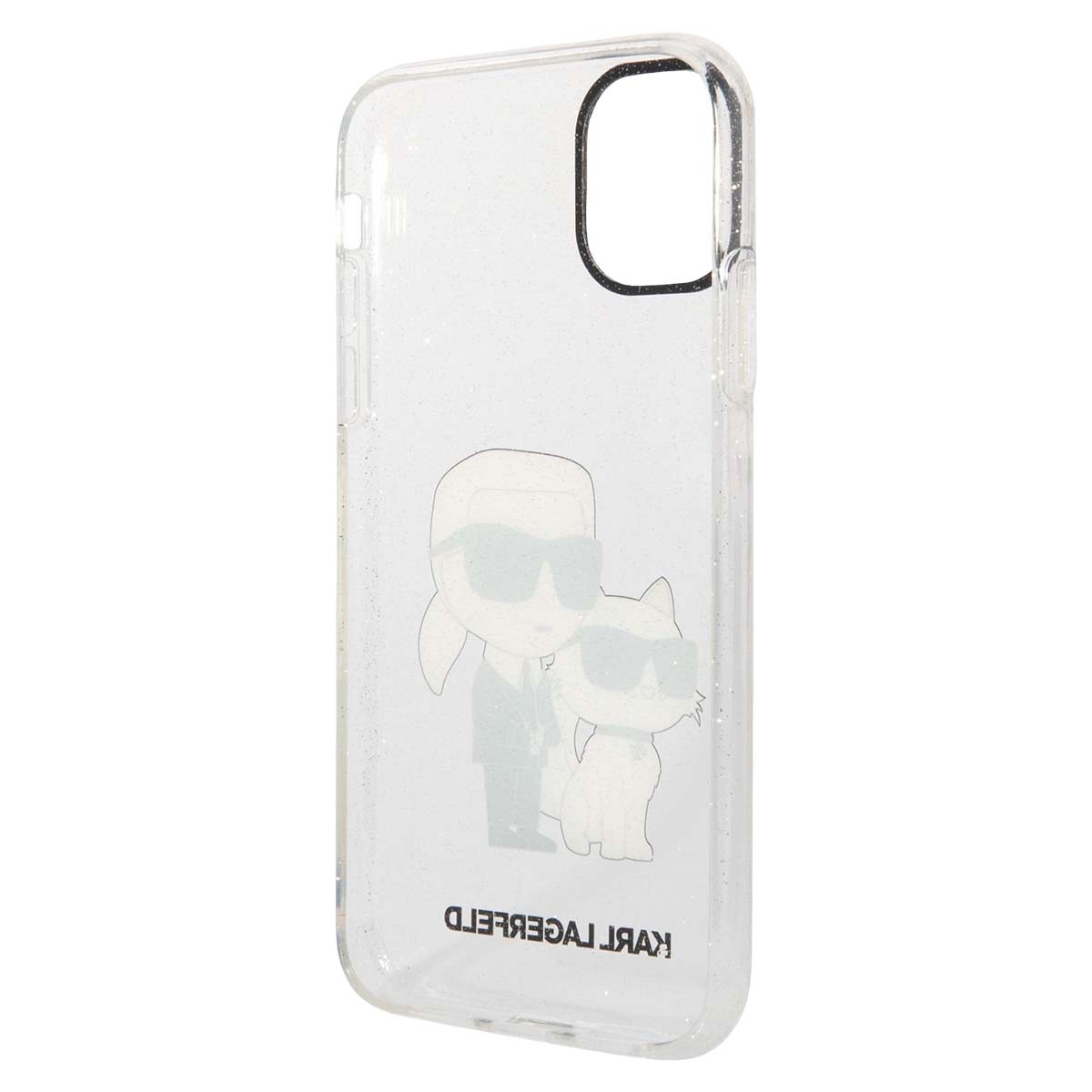 Funda de teléfono transparente con purpurina, con Karl Lagerfeld de dibujos animados y un gato.