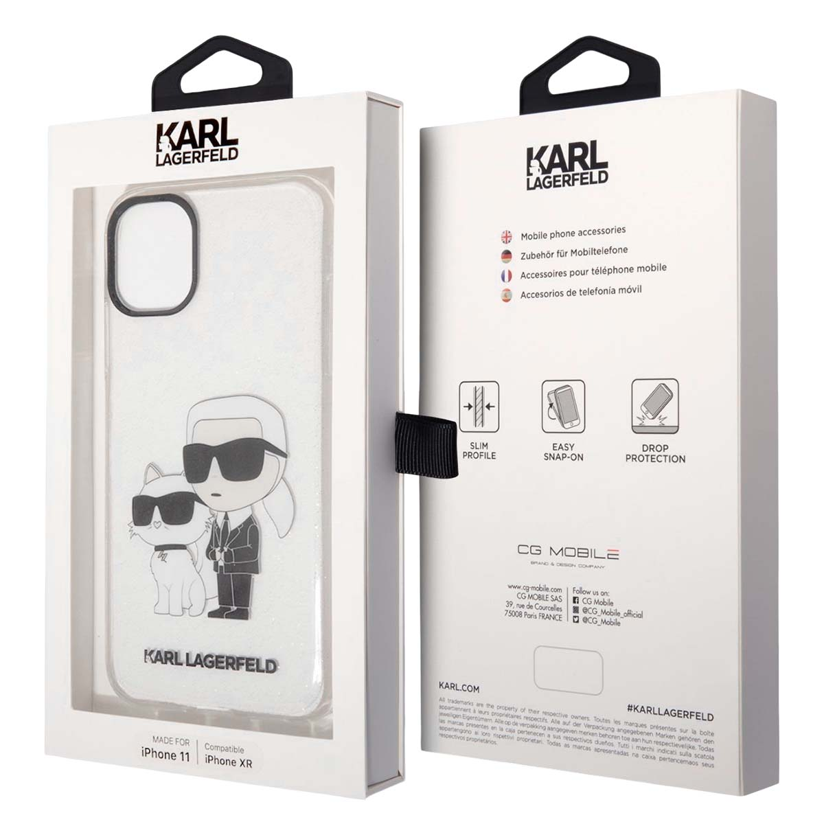 Funda Karl Lagerfeld con diseño de Karl y gato para iPhone 11/XR.