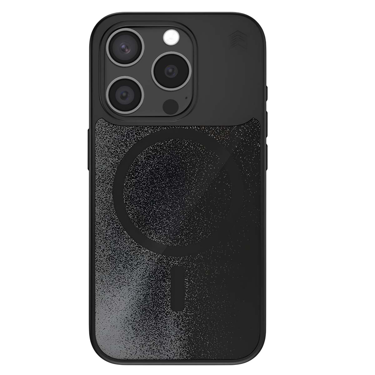Custodia nera per telefono con tre fotocamere e anello magnetico.