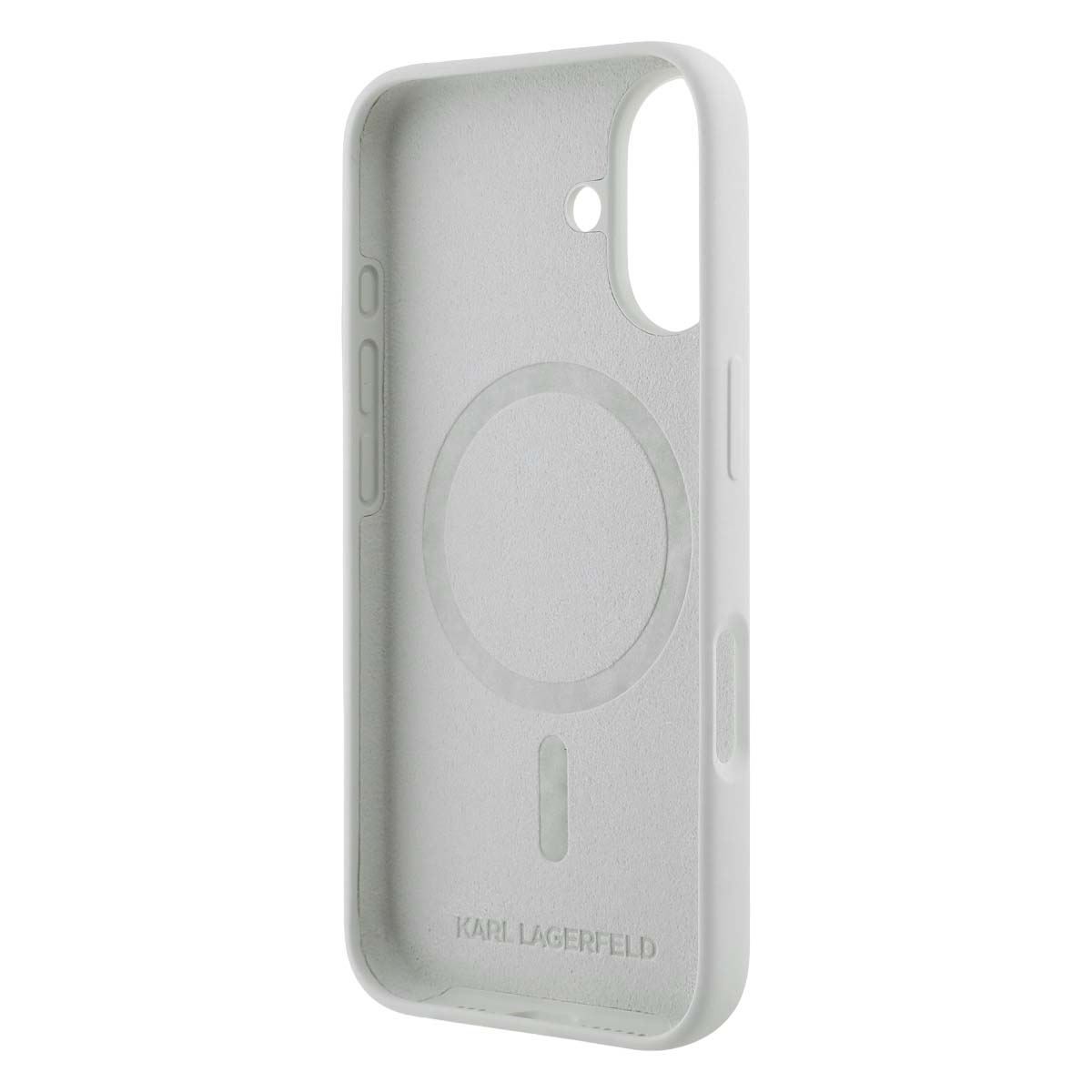 Custodia Karl Lagerfeld grigio chiaro con magnete circolare e fessura verticale.
