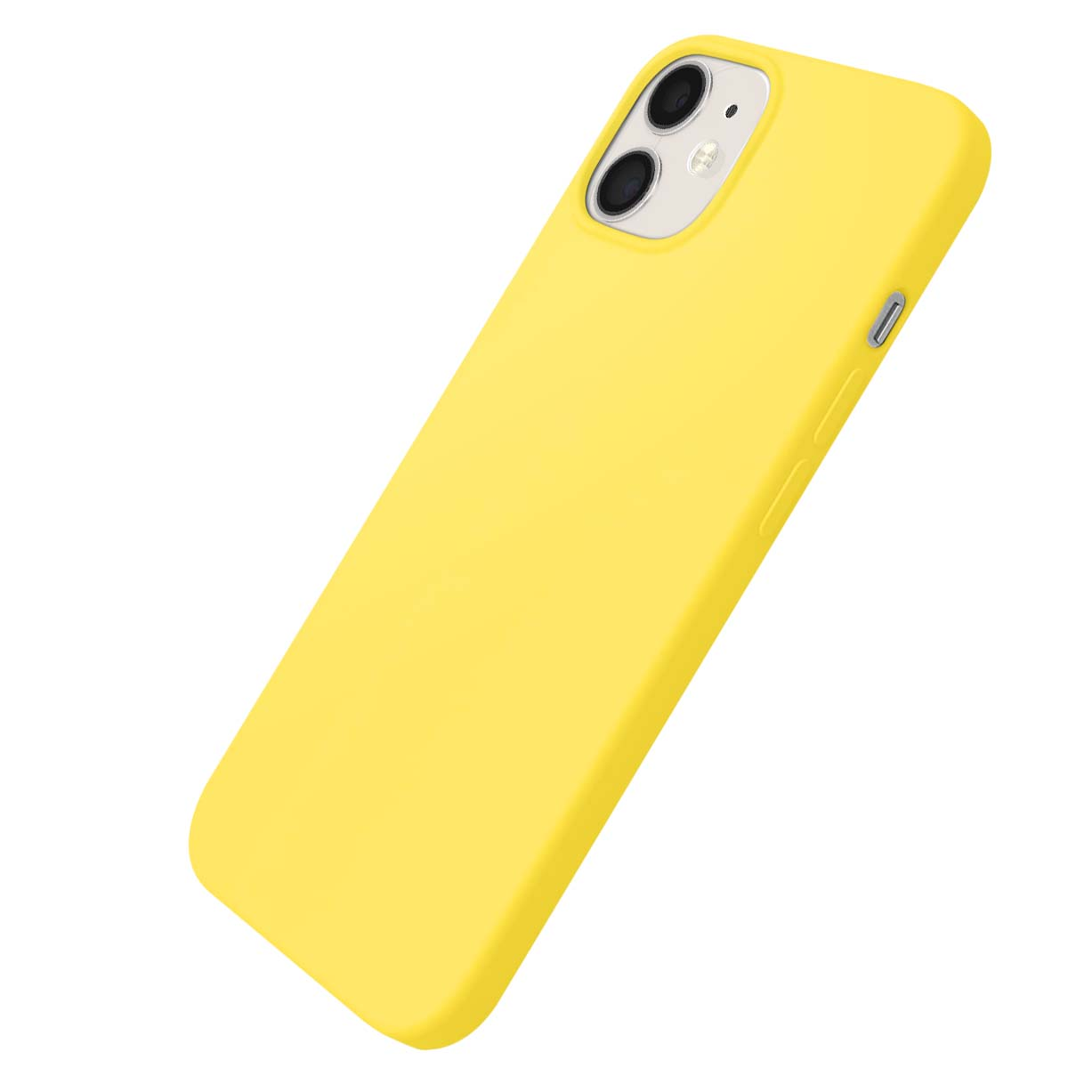 Une coque jaune pour iPhone 11 avec découpe double caméra est montrée en angle sur fond blanc.