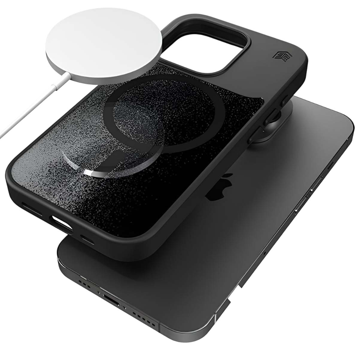 Una custodia nera per iPhone con caricatore magnetico bianco è mostrata su un iPhone nero.