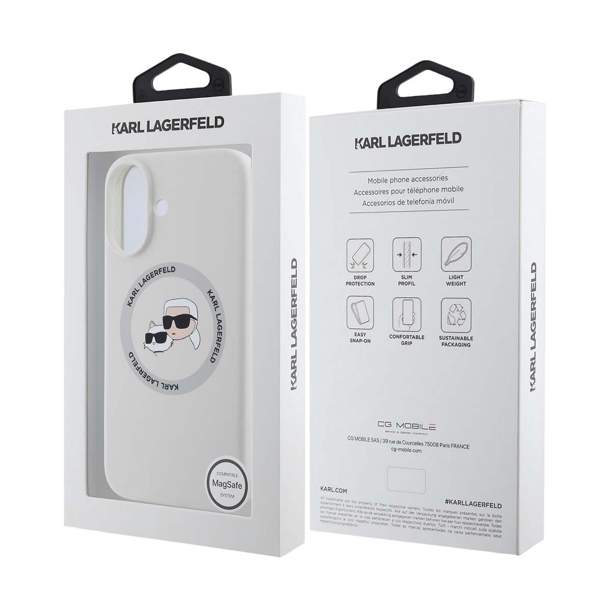 Custodia Karl Lagerfeld con logo testa di Karl e gatto.