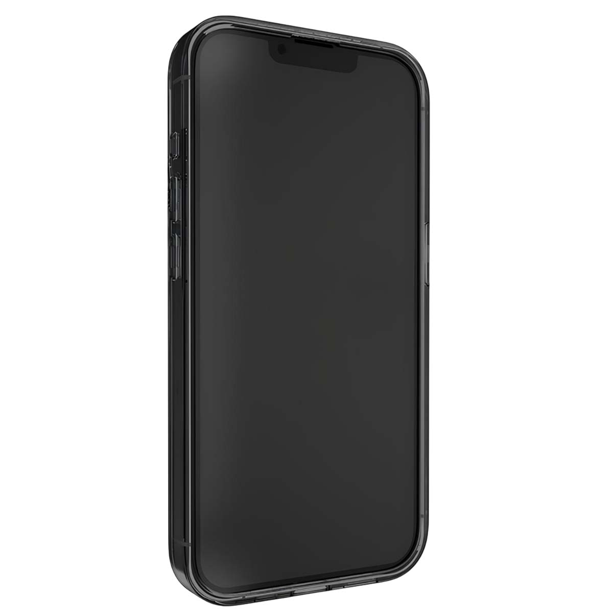 Una cover trasparente protegge uno smartphone nero, mostrando i pulsanti laterali e un notch.