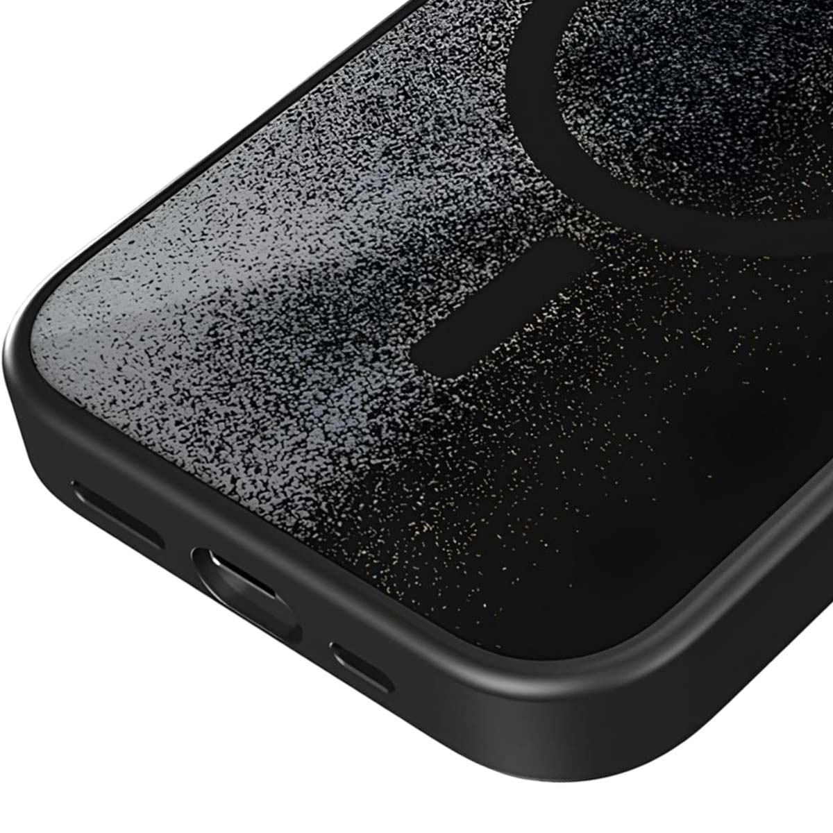 Primo piano di una custodia nera per telefono con motivo screziato e anello magnetico.