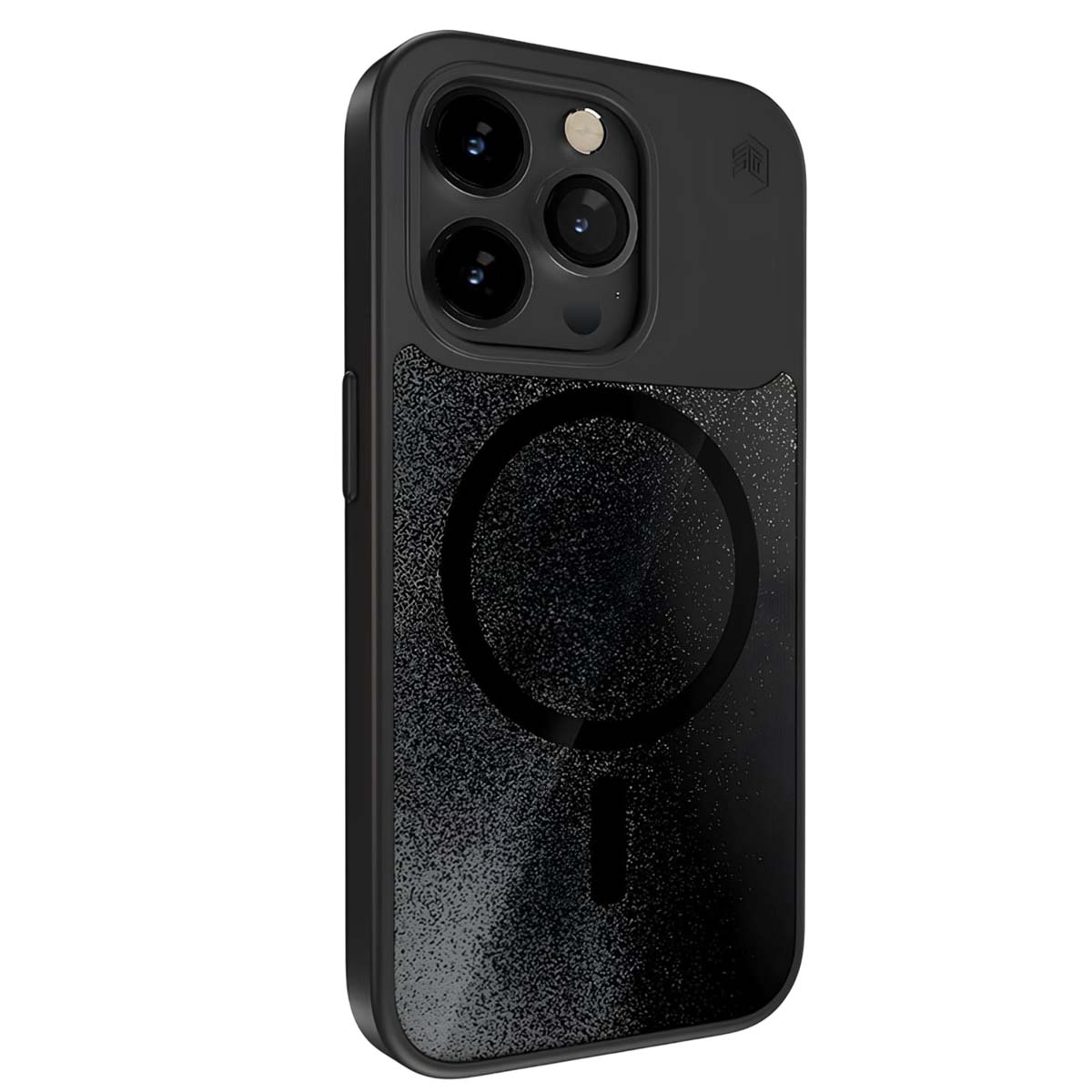 Custodia nera per iPhone con impugnatura testurizzata e anello MagSafe su sfondo bianco.