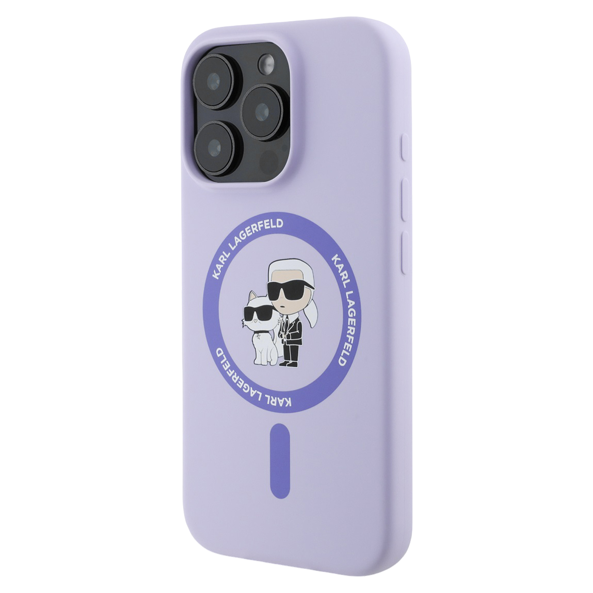 Custodia viola per telefono con grafica Karl Lagerfeld: uomo e gatto con occhiali.