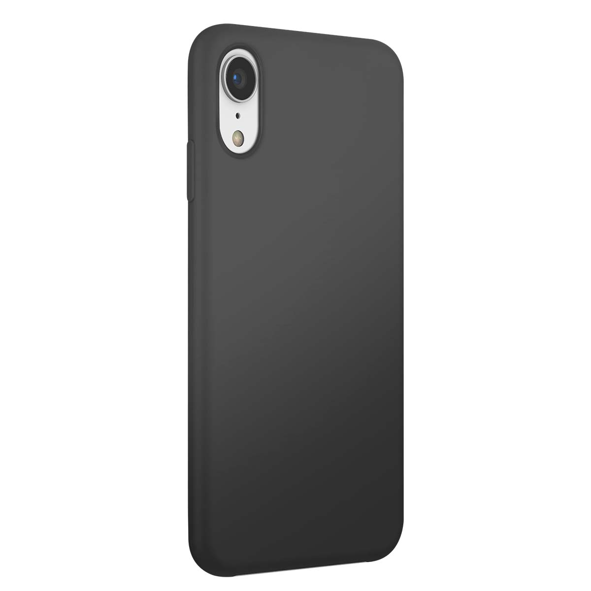 Una funda de teléfono gris oscuro con recorte de cámara sobre fondo blanco.