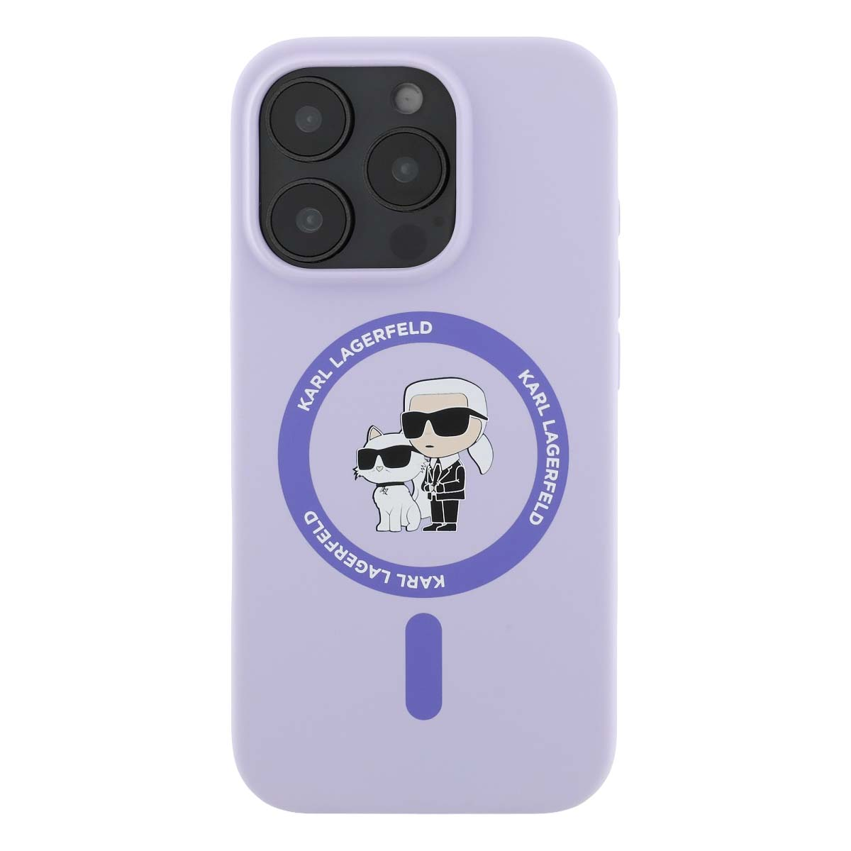 Custodia viola per telefono con design Karl Lagerfeld: gatto e uomo occhiali.
