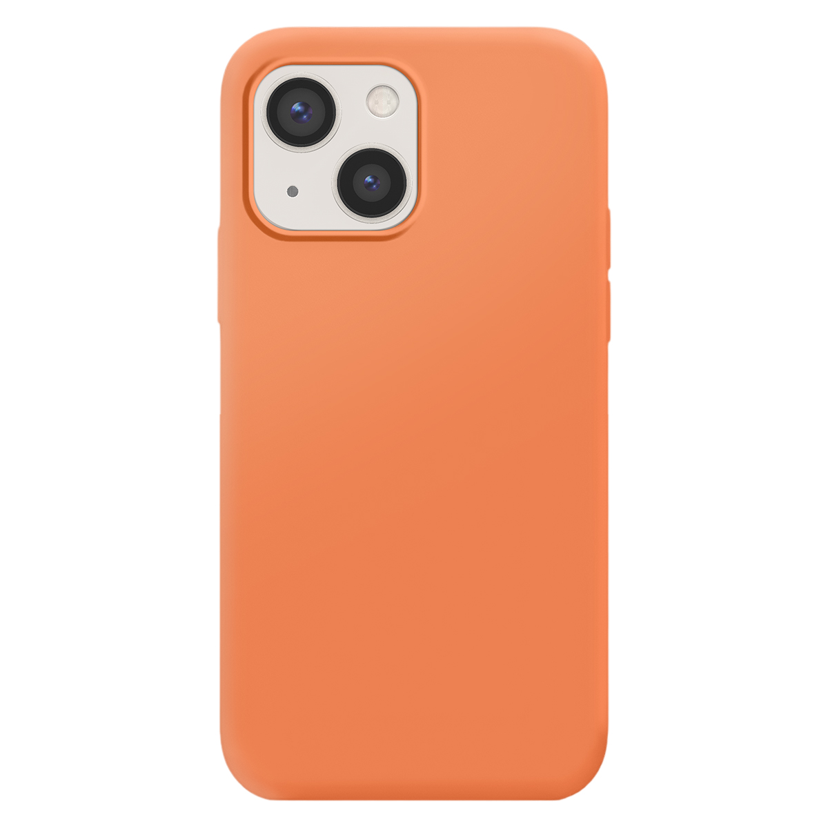 Orangefarbene Handyhülle mit zwei Kameralinsen und Blitz.