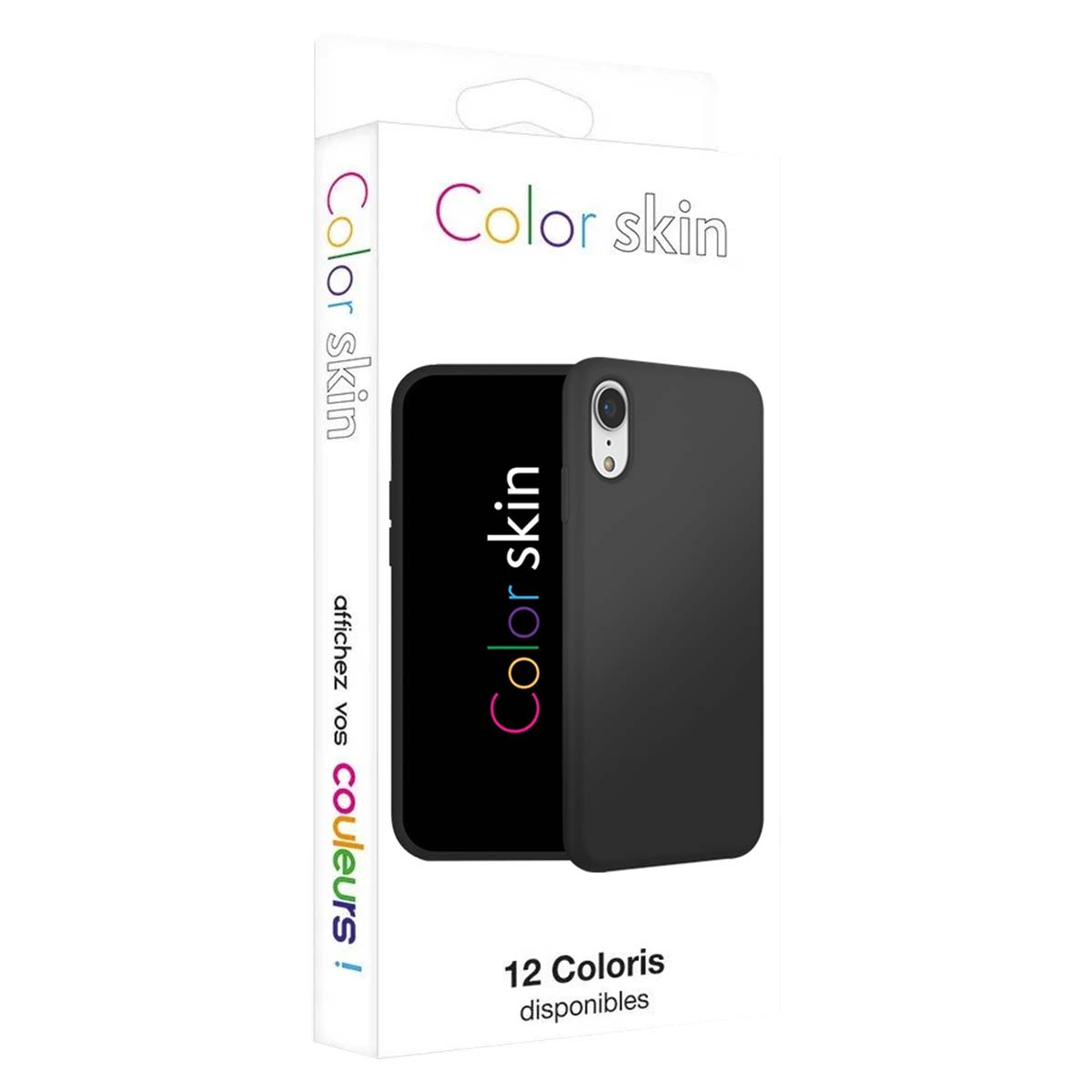 El empaque de funda de teléfono negra muestra un teléfono negro con funda y texto 'Color skin'.