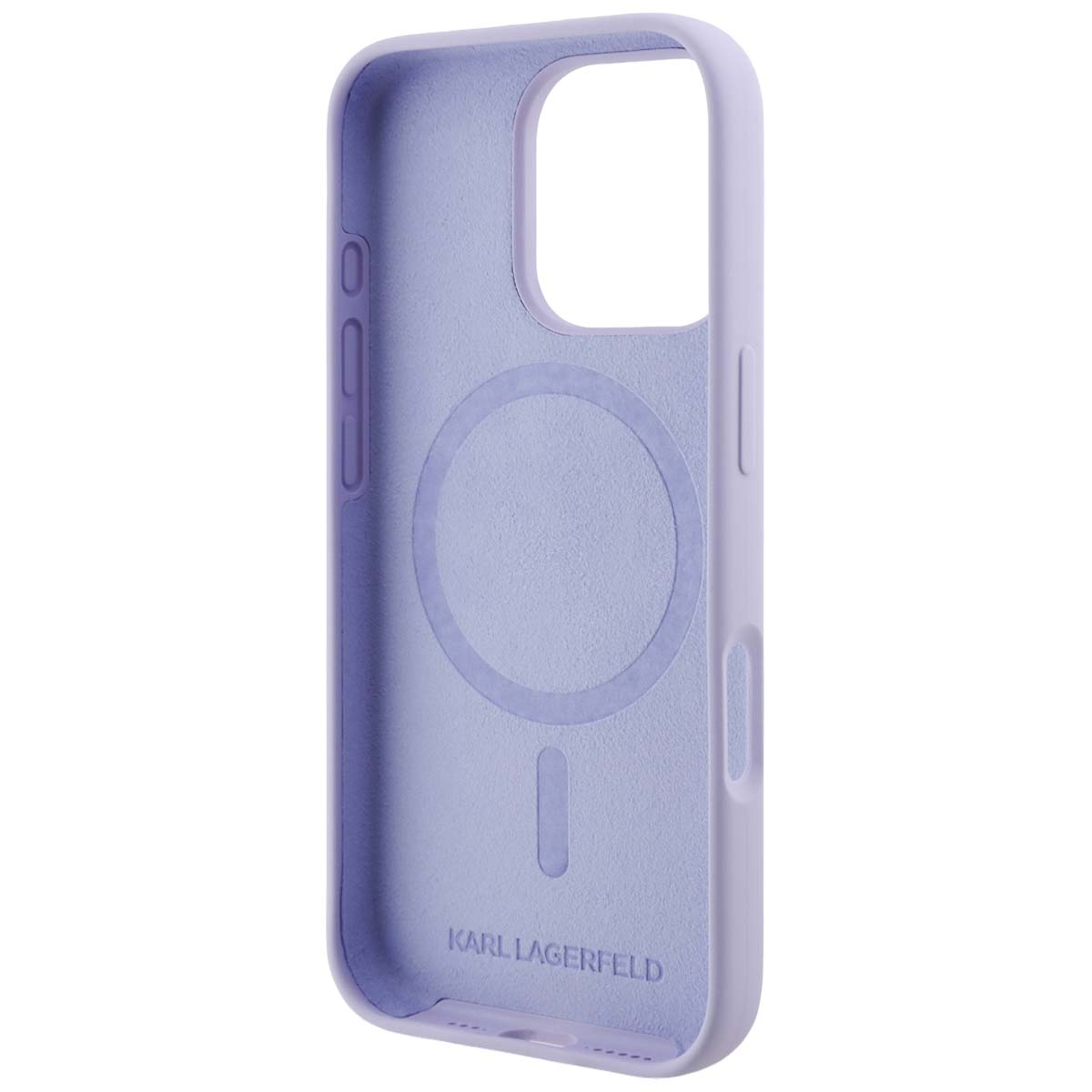 Custodia viola chiaro per iPhone con cerchio magnetico e logo Karl Lagerfeld.