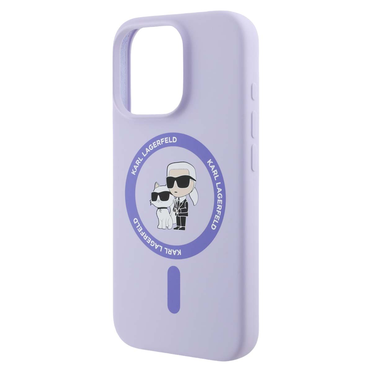 Custodia lavanda per iPhone con grafica Karl Lagerfeld e gatto.