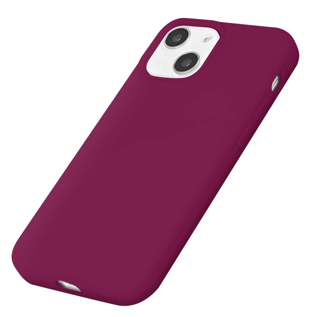 Eine pflaumenfarbene iPhone-Hülle mit doppeltem Kamerausschnitt ist auf weißem Hintergrund abgebildet.