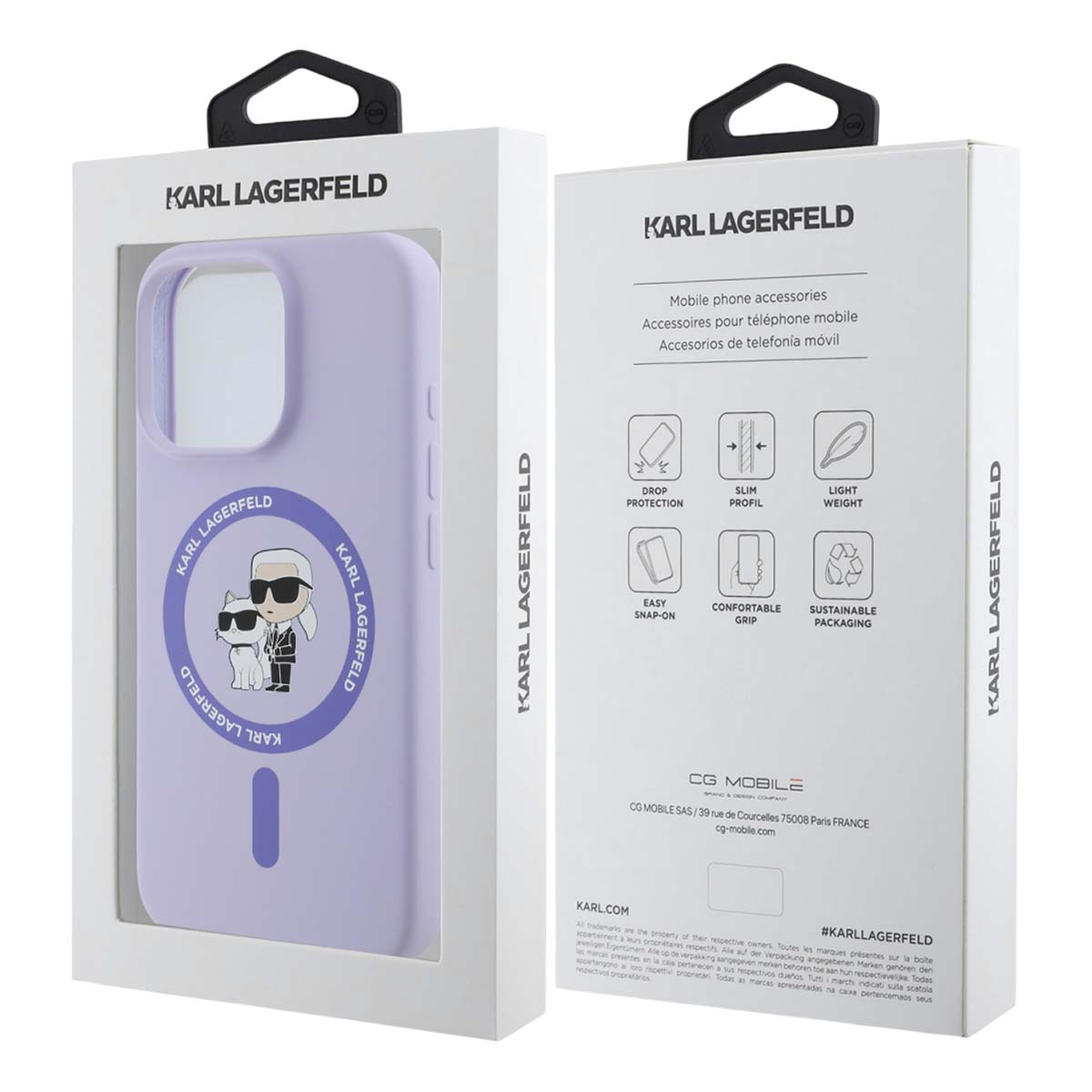 Confezione di custodia per telefono Karl Lagerfeld con custodia viola con Karl Lagerfeld e un gatto.