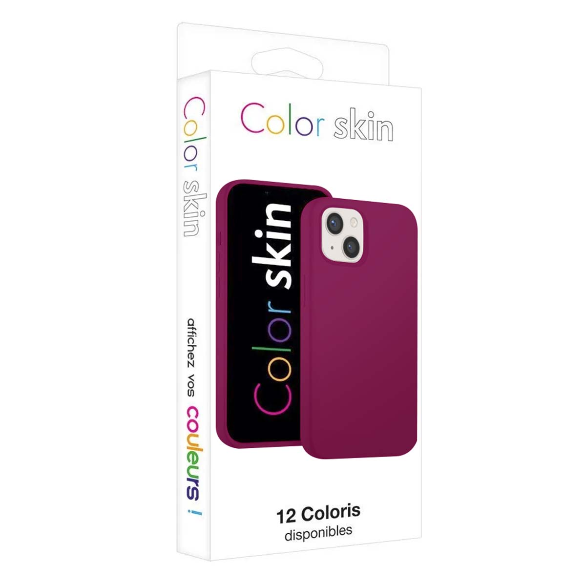 Eine lila Handyhülle mit 'Color skin'-Text wird auf der Verpackung gezeigt.