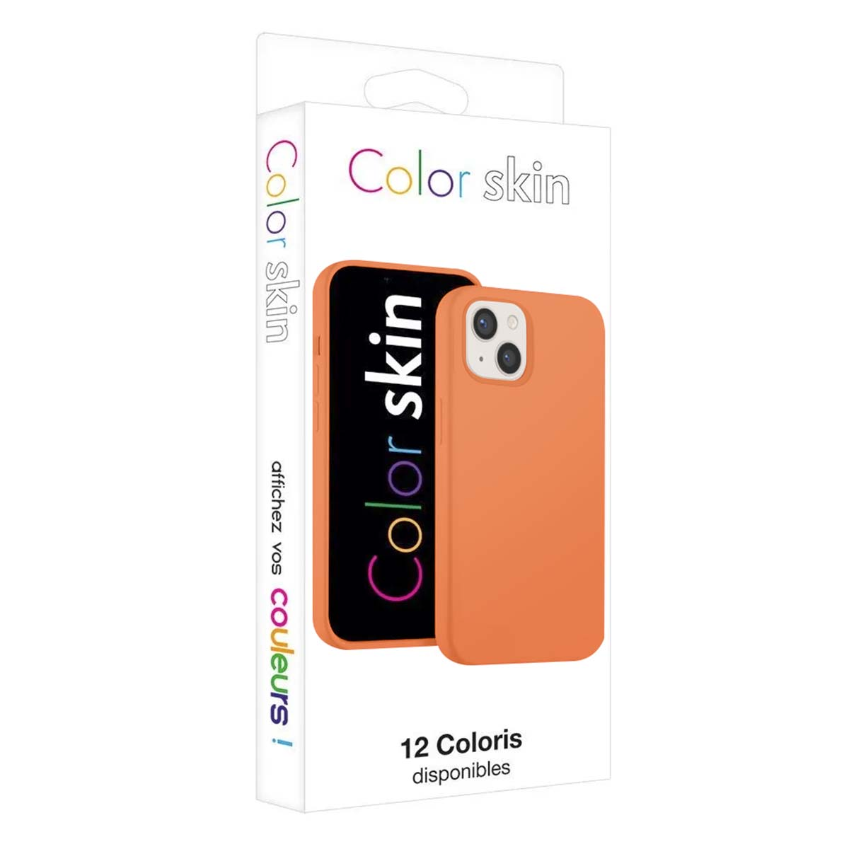 Verpackung für Color Skin Handyhülle, zeigt eine orange Hülle auf einem Handy.