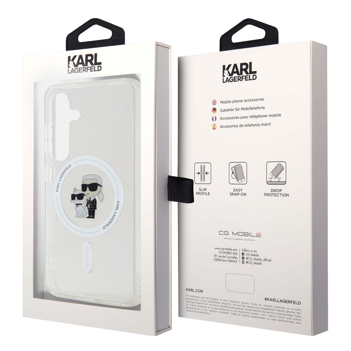 Custodia Karl Lagerfeld con design Karl & Choupette sul fronte.