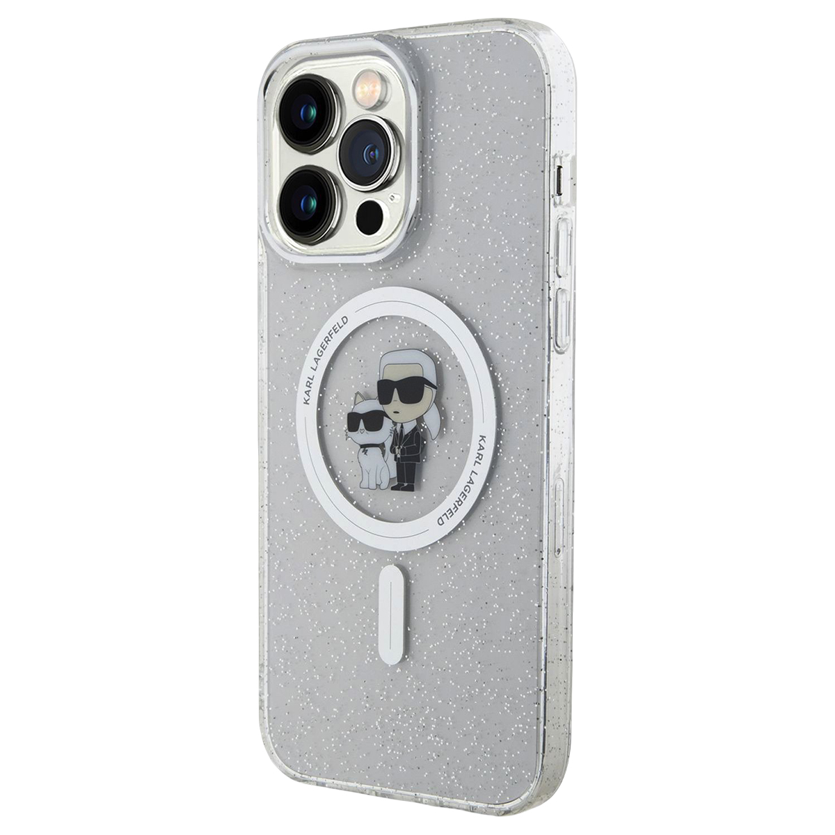 Custodia trasparente glitterata per iPhone con grafica Karl Lagerfeld e gatto, anello MagSafe.