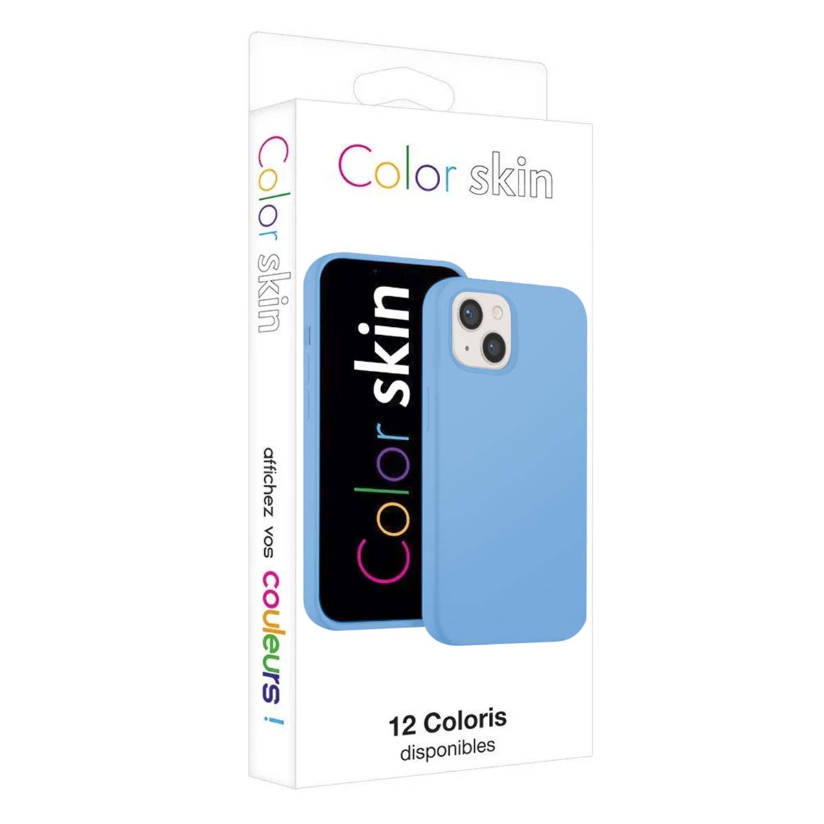 Eine blaue Handyhülle und ein Smartphone mit der Aufschrift "Color skin" auf der Verpackung.
