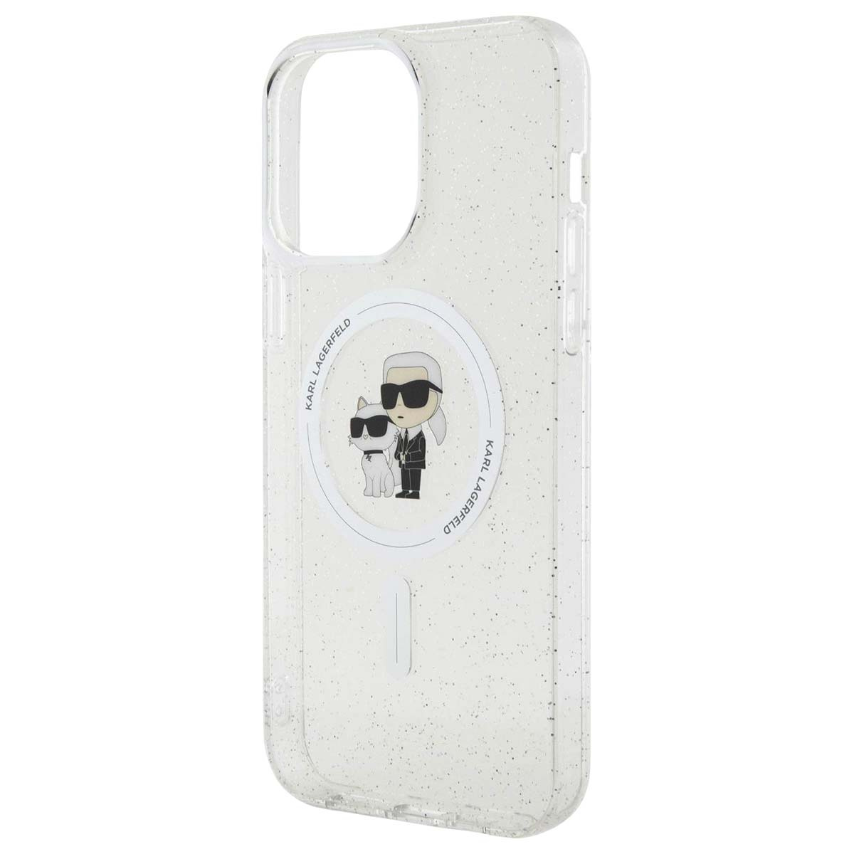 Custodia trasparente glitterata con personaggi dei cartoni animati Karl Lagerfeld e Choupette.