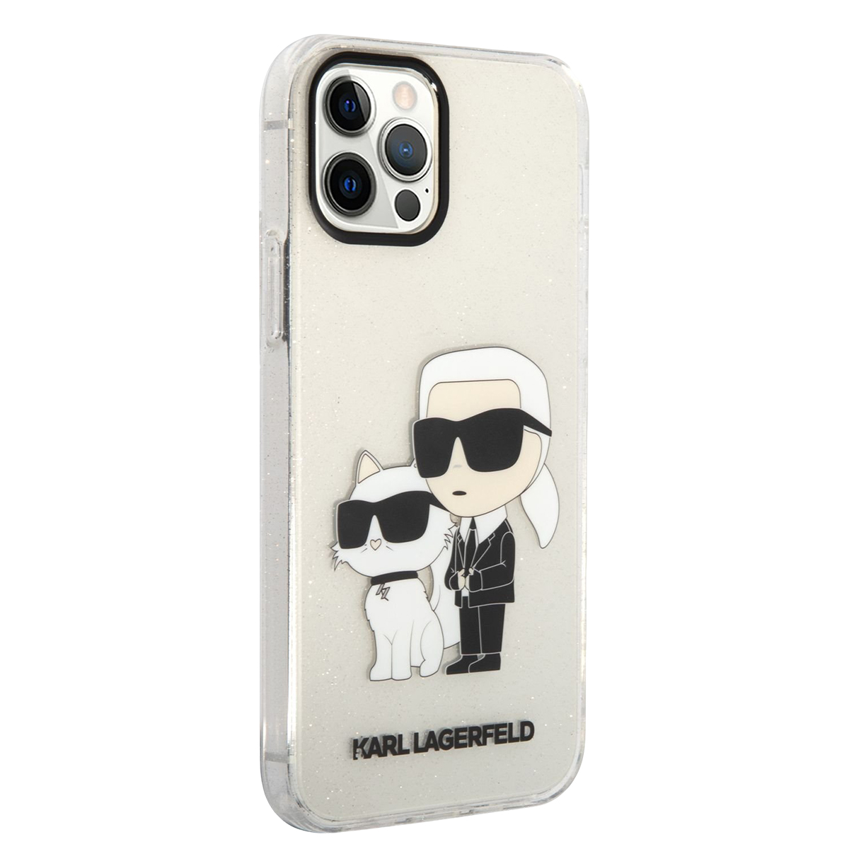 Eine glitzernde iPhone-Hülle mit Karl Lagerfeld und seiner Katze.