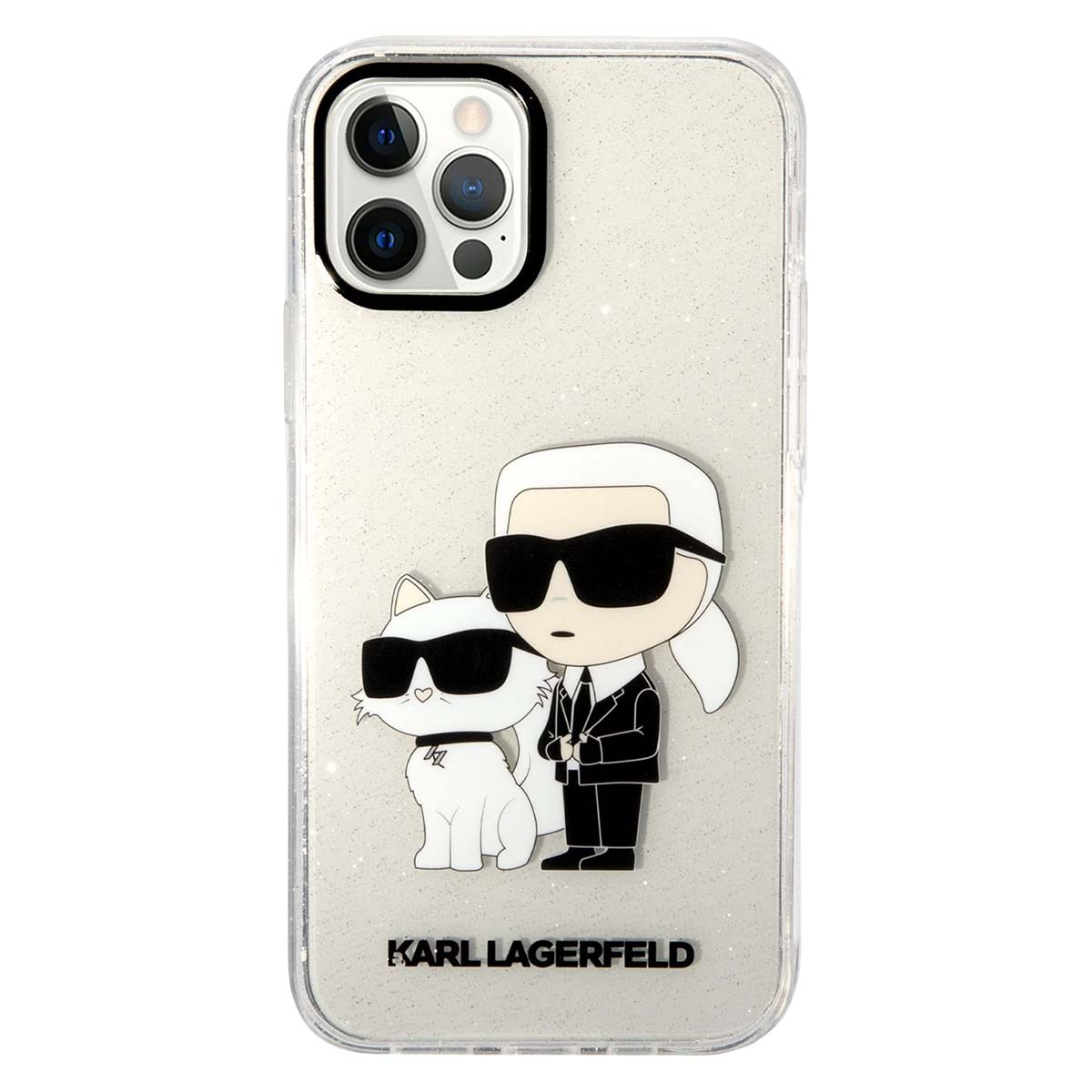 iPhone Hülle mit Karl Lagerfeld und Katze, glitzernd.
