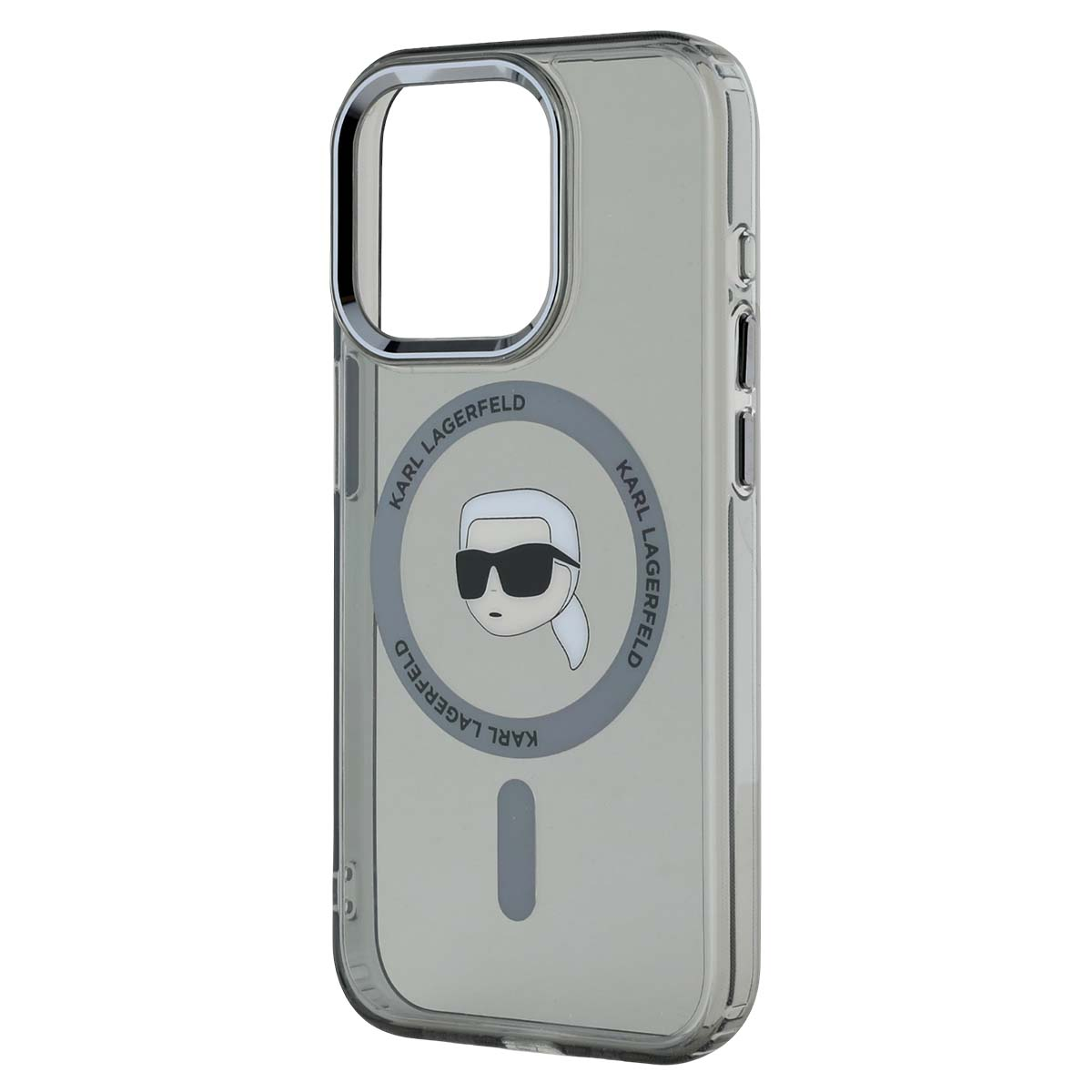 Custodia trasparente per iPhone con logo e grafica Karl Lagerfeld su sfondo bianco.