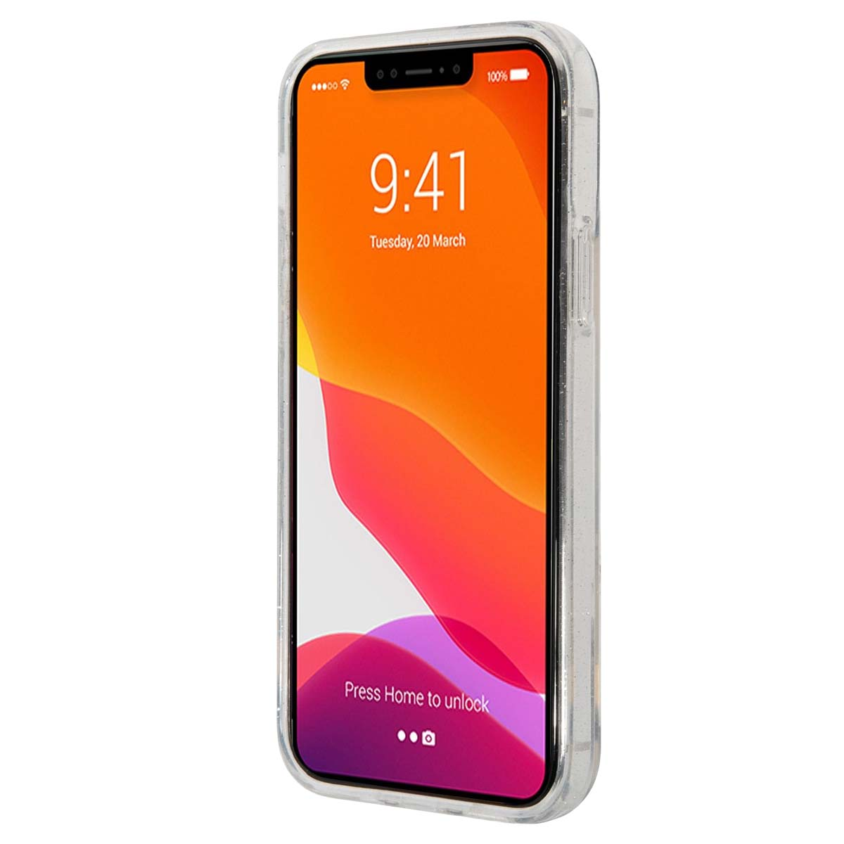 Ein iPhone mit einem durchsichtigen Gehäuse zeigt den Sperrbildschirm mit der Uhrzeit 9:41.