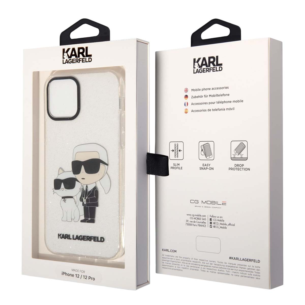 Karl Lagerfeld iPhone 12/12 Pro Hülle mit Katze und Karl-Figur.